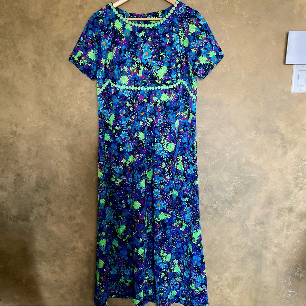 Vintage 70s Psychedelic Floral Maxi Dress Short Sleeve Hippie Boho XL Plus